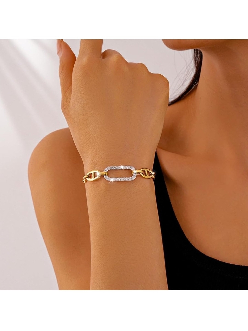 Gold and Silver Pavé Link Bracelet - Women Jewelry - Picture 3 of 7